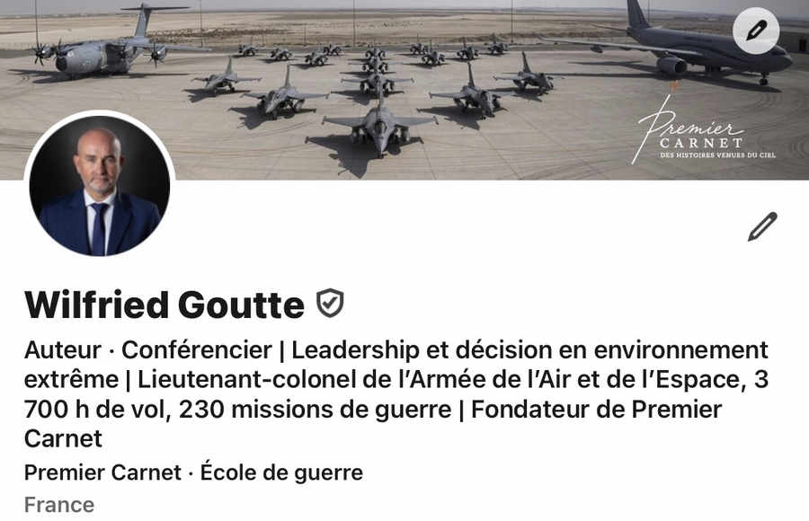 Profil LinkedIn de Wilfried Goutte — bannière du parking Rafale et silhouette au couchant